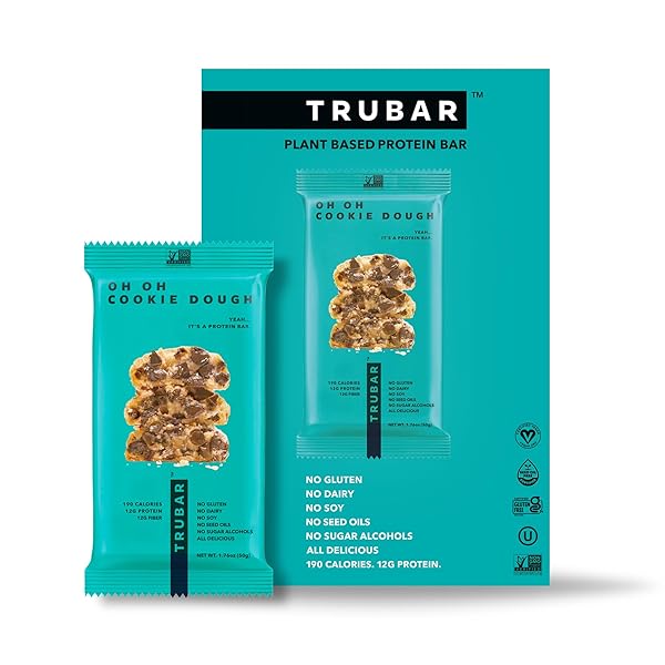 TRUBAR VEGAN PROTEIN BAR, OH OH COOKIE DOUGH, GLUTEN FREE, PLANT BASED, HIGH FIBER, DAIRY FREE, LOW FAT, NON GMO, NO SUGAR ALCOHOLS, 12G LEAN PROTEIN, 13G FIBER, HEALTHY SNACK BARS, 12 CT