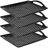 MUKLEI 4 Pack Non Slip Food Serving Tray with Handles, 16.5x11.4x1.57 Inch Rectangle Plastic Food Serving Tray Black Anti Slip Food Tray for Appetizer, Fruit, Dessert, Party, Breakfast