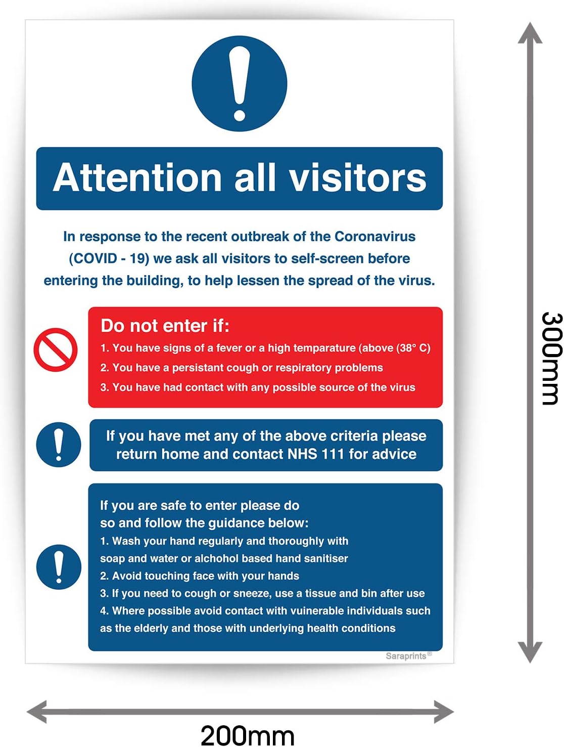 Pack of 2 Covid 19 Signage Attention All Visitors Self Adhesive Waterproof 200mm x 300mm V1196, blue|red|grey|green, 200 x 300 mm - Image 4