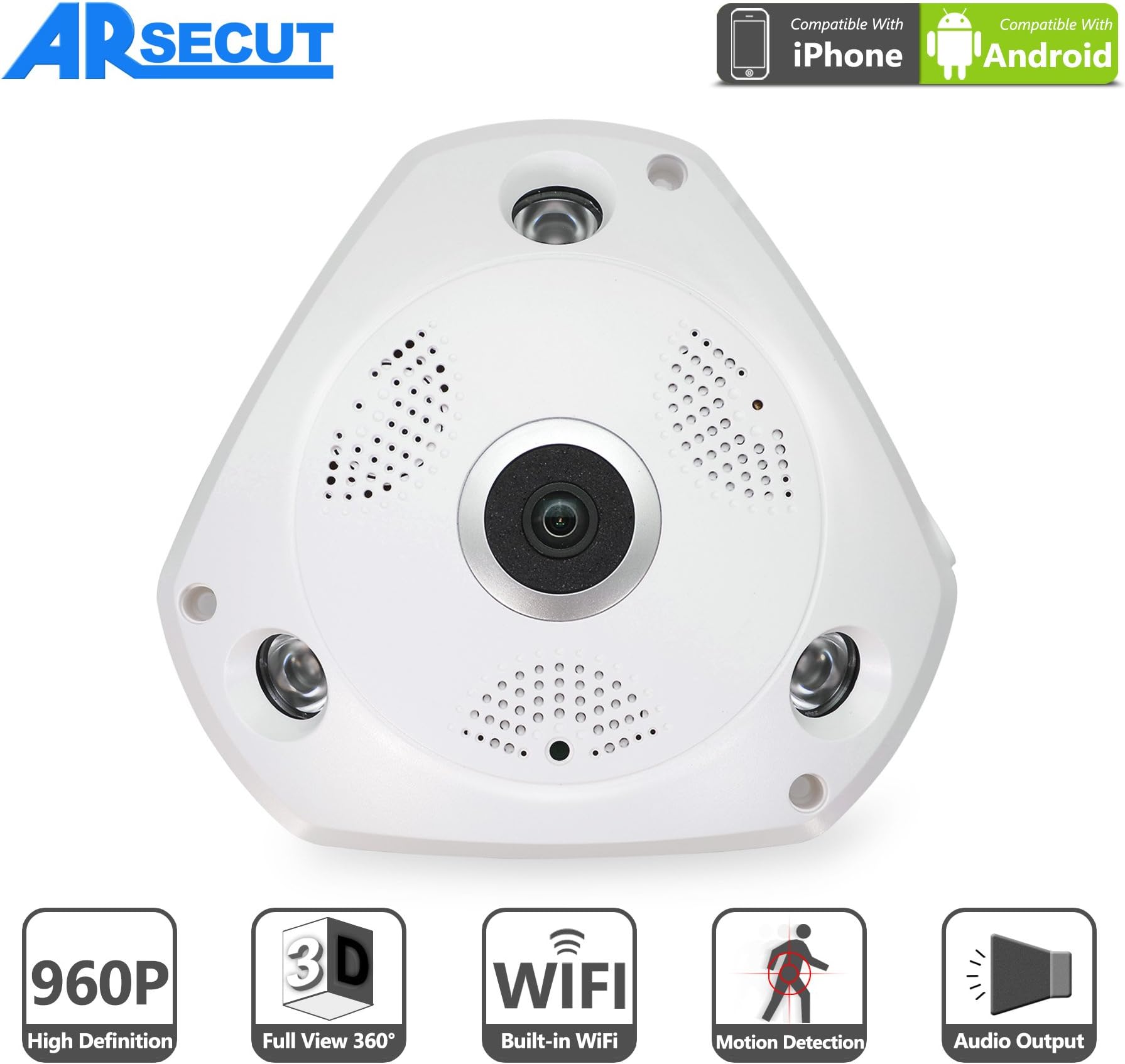 Arsecut Wifi IP Camera CCTV Wireless Home IP Camera Surveillance System 960P Panorama 360 Degree 3D Fisheye Monitoring System 1.3 Megapixel P2P