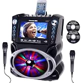 Karaoke Machine with Lyrics Display 7" Screen. CD+G, DVD, MP3+G, MP3, CD &amp; USB. Wireless Bluetooth Speaker with LED Disco Lights. Includes 2 Wired Microphones and 2 Bonus Karaoke Discs By Karaoke USA