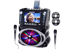 Karaoke Machine with Lyrics Display 7" Screen. CD+G, DVD, MP3+G, MP3, CD & USB. Wireless Bluetooth Speaker with LED Disco Lights. Includes 2 Wired Microphones and 2 Bonus Karaoke Discs By Karaoke USA