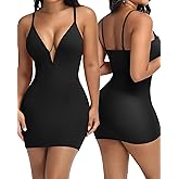 SHAPERIN Women's Deep V Neck Mini Dress Built-in Shapewear Slip Tummy Control Bodycon Night Out Party Short Dresses