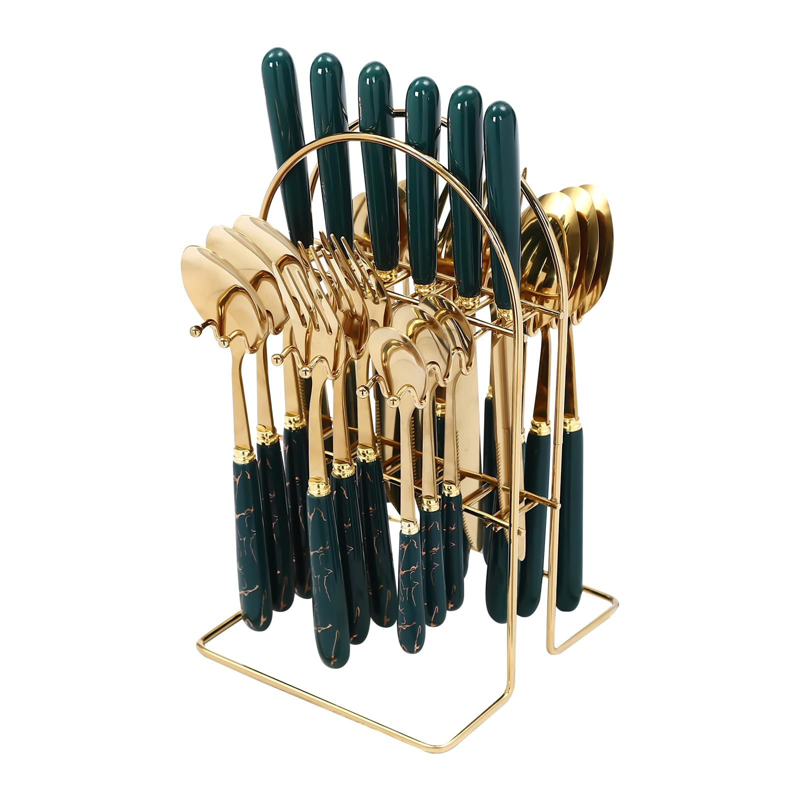 Cutlery Set with Stand 24 Pieces Flatware Set Stainless Steel Tableware Set Hanging Dinner Set Cutlery Stand for Home, Hotel Dining, Kitchen Restaurant (Gold Dark Green)