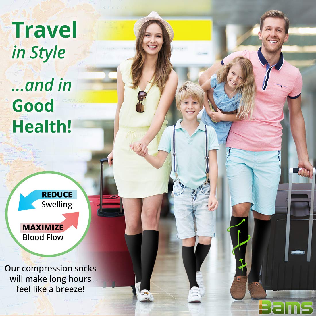 Bams Odor-Kill Bamboo Black Compression Socks for Men, Women- Antibacterial 15-20 mmHg Medical Graduated Knee-High Sock for Recovery Pain Swelling Injury Sports, Diabetic, Nurse, Maternity, Flight