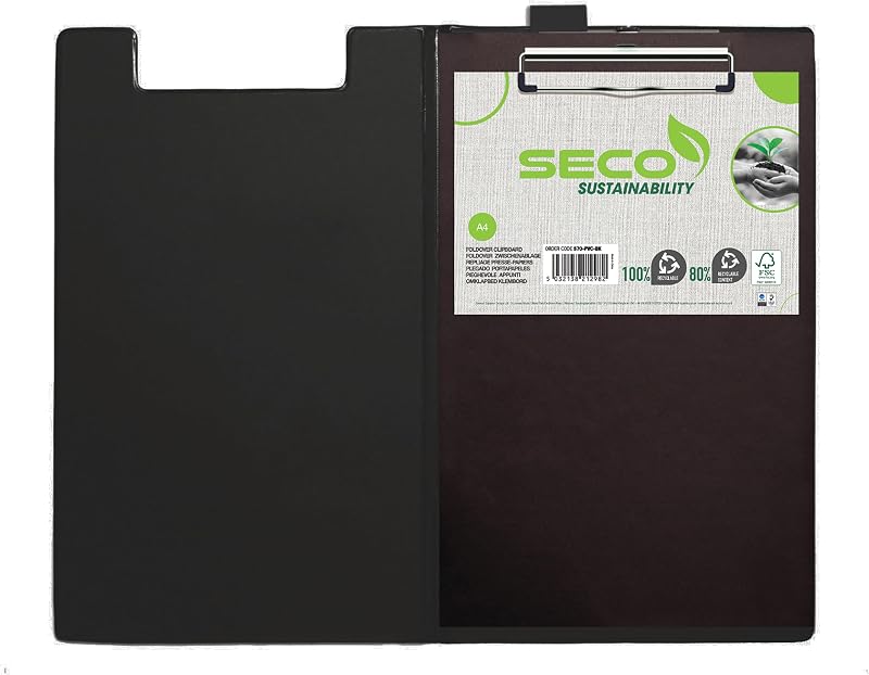 Seco Foldover Clipboard A4 Plus Black - Heavy Duty Clip, PVC Board