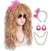 FantaLook Women Long Curly 80s Blonde with Reddish Brown Cosplay Wig with Lace Headband Earrings and Necklace for Halloween