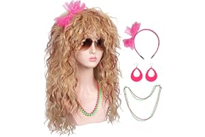 FantaLook Women Long Curly 80s Blonde with Reddish Brown Cosplay Wig with Lace Headband Earrings and Necklace for Halloween