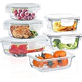 ROSOS Glass Food Storage Containers with Lids Airtight 6 Pack, Glass Storage Containers with Lids for Food, Not Easy Broken & Leak Proof, Oven/Dishwasher Safe, Grey
