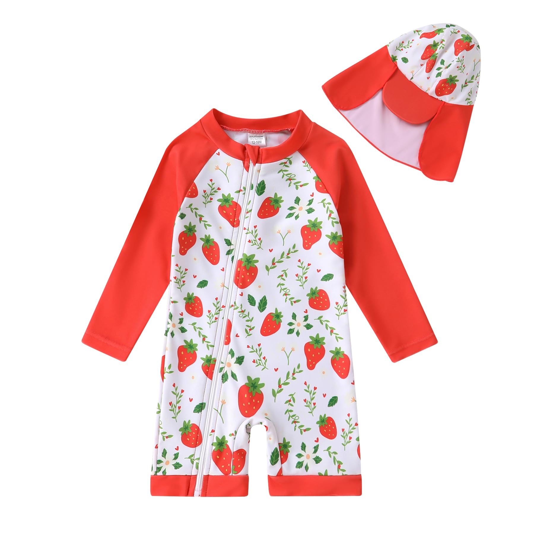 Photo 1 of Toddler Baby Girls Swimsuit One-Piece Zipper Swimwear UPF 50+ Sun Protection Bathing Suit with Hat Strawberry