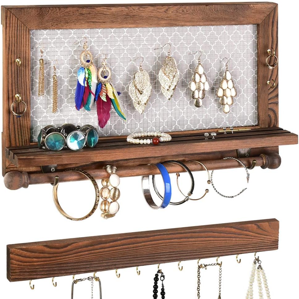 ASHLEYRIVER Wall Mounted Rustic Wood Jewelry Organizer Holder with Hooks Shelf for Hanging Earrings Necklaces Bracelets Other Accessories-Rustic Upgrade