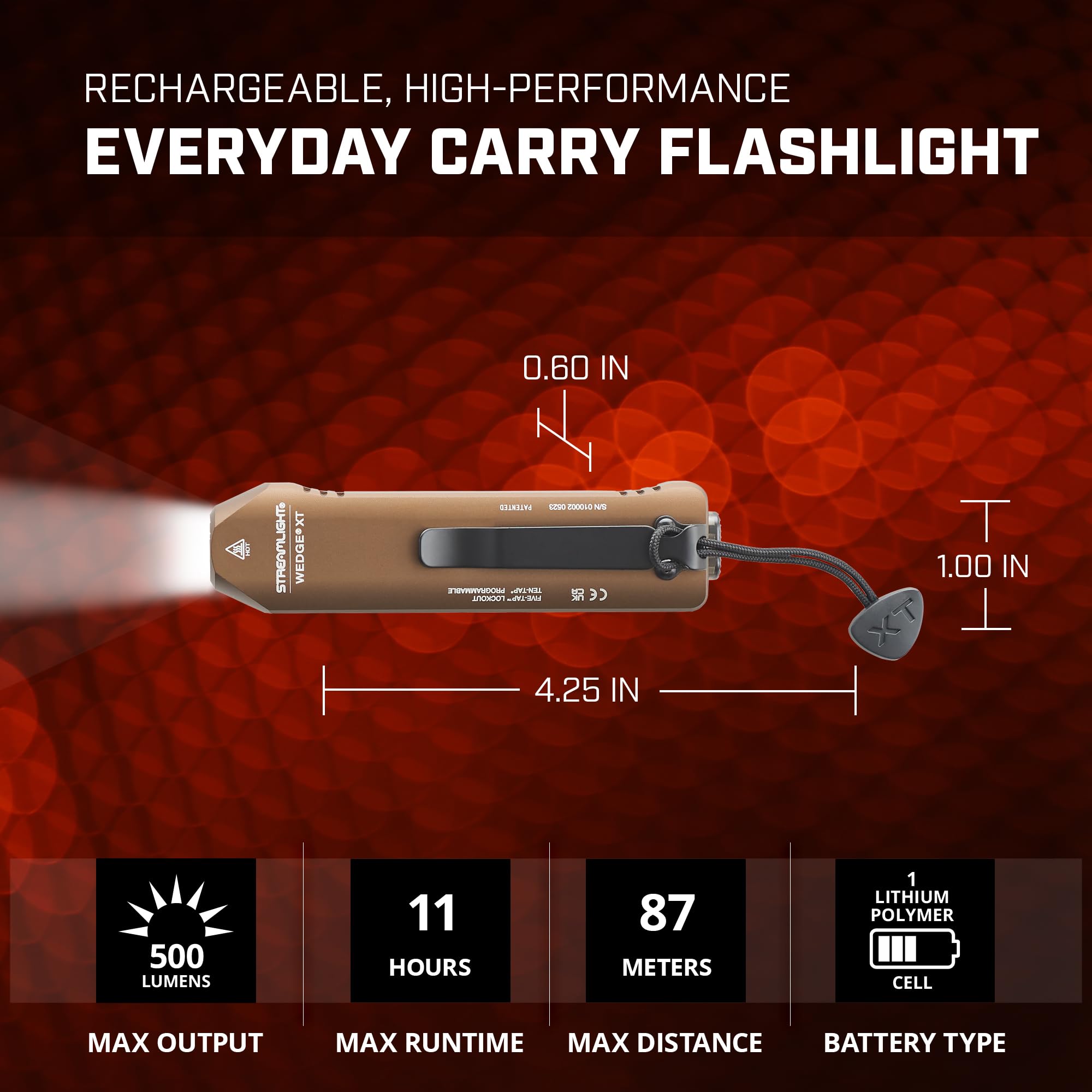 Streamlight 88813 Wedge XT 500-Lumen 1900-Candela Flat Everyday Carry Flashlight, Includes USB-Cable and Pocket Lanyard, Coyote