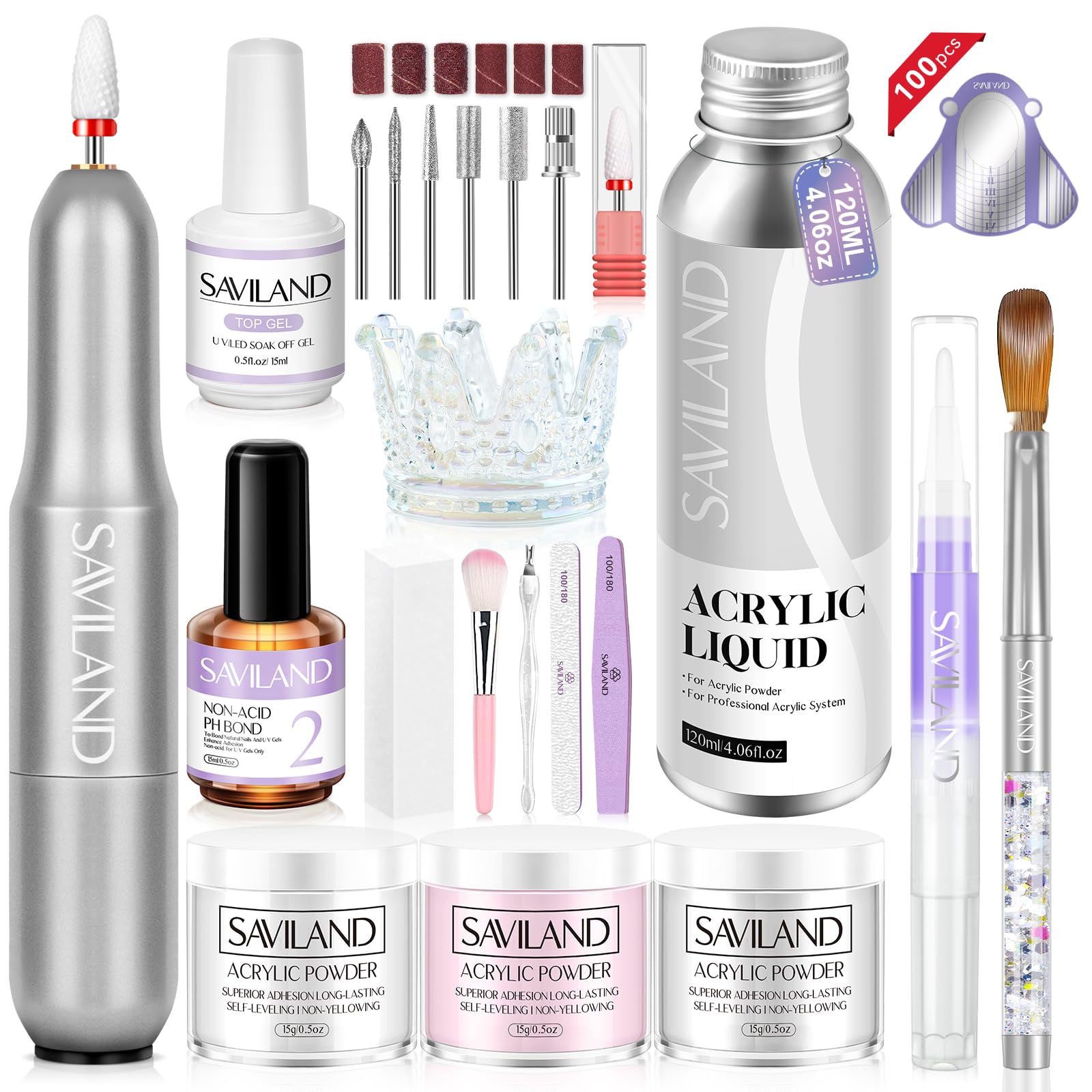 Saviland Acrylic Nail Kit with Electric Drill, 3 Colors Powder & Liquid Set, Includes Bond Primer, Brush, Top Gels, Cuticle Oil, Complete Manicure Gift Set for Her