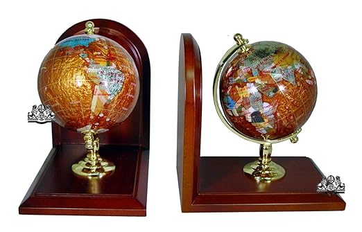 Unique Art Since 1996 7-inch Tall Pair of Amber lite Swirl Pearl Ocean Gemstone World Globe Bookends