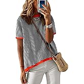 NARURAL Womens Summer Fall Short Sleeve Sweaters Striped Lightweight Cotton Sweater Crew Neck Color Block Pullover Tops