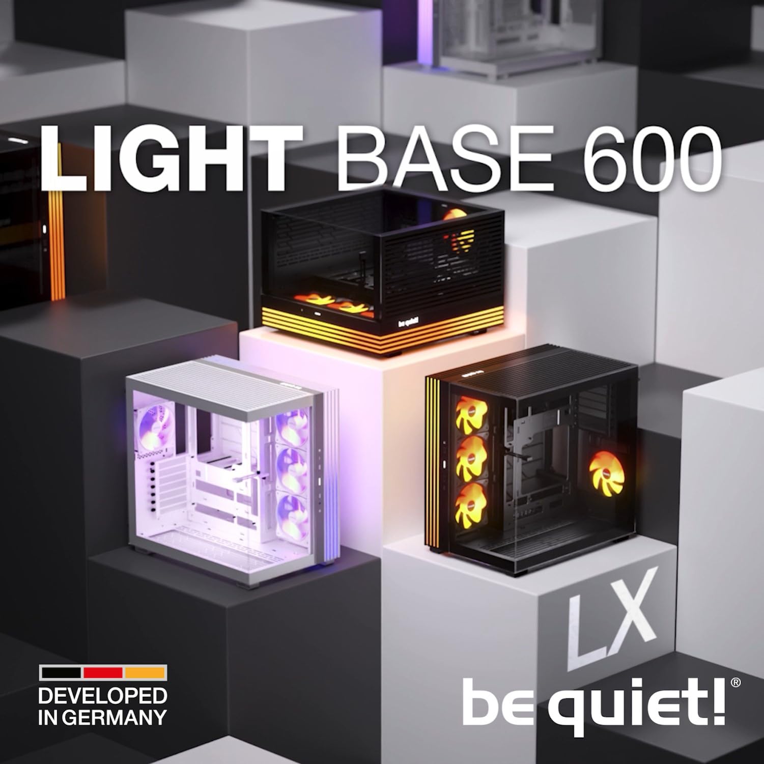 be quiet! Light Base 600 LX Black PC-Gehäuse, atemberaubender Panorama-Blick, Show Case, Dual Chamber Design, massiver ARGB LED-Streifen, 4 Light Wings LX PWM Lüfter, invertiert und horizontal nutzbar 9