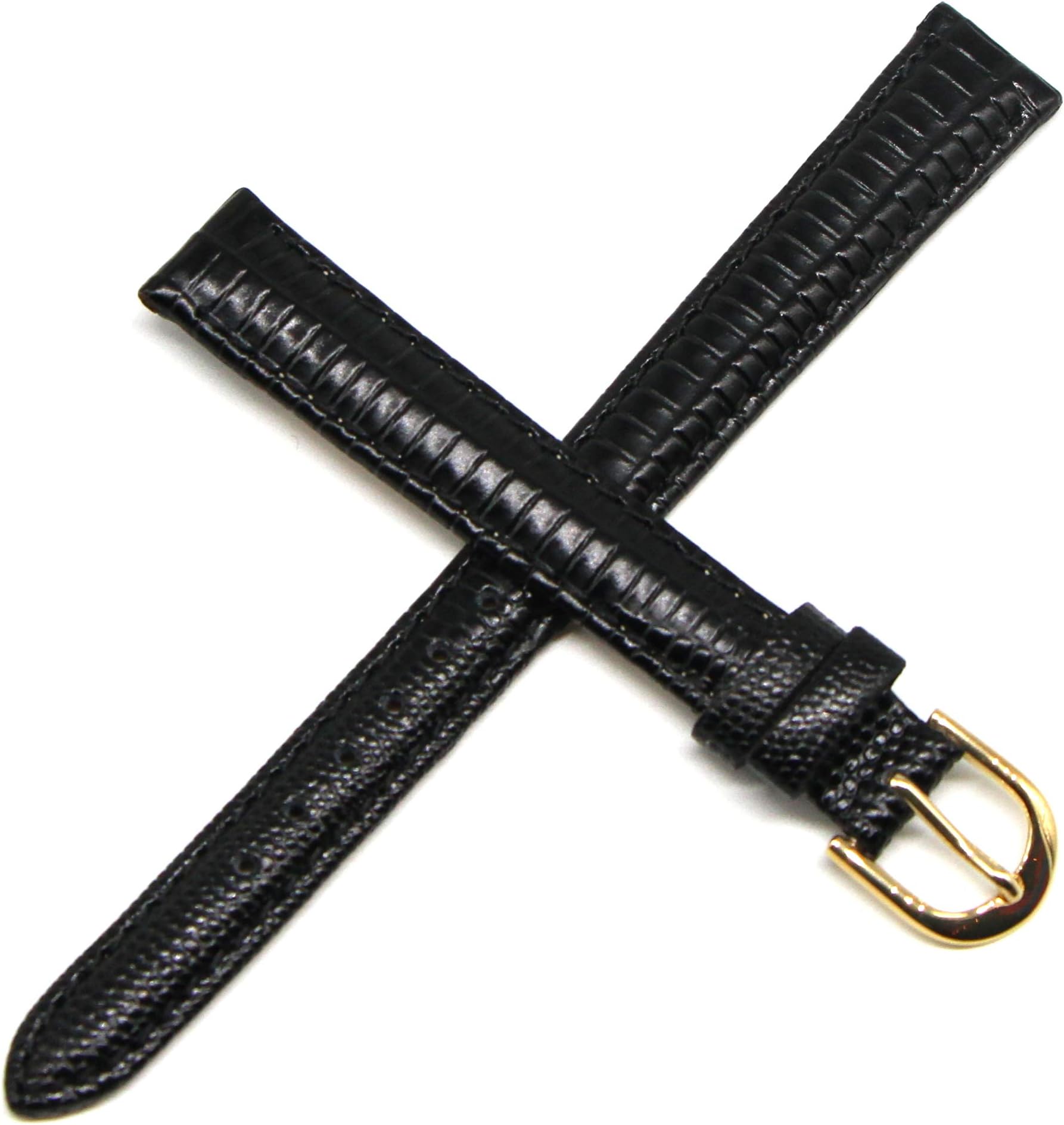 12MM Black Lizard Grain Genuine Leather Watch Strap Band 7.5 Inches with Gold Buckle