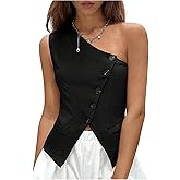 MakeMeChic Women's One Shoulder Vest Tops Asymmetrical Button Down Sleeveless Tank Tops