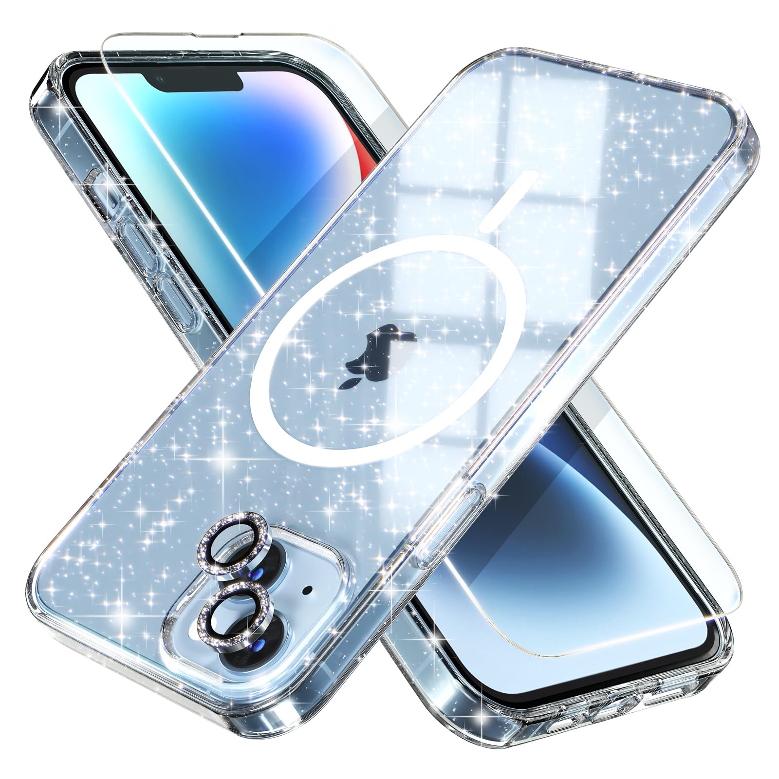 Photo 1 of Choiche Magnetic Case for iPhone 14 Plus Case, Women Clear Glitter Bling Sparkly Case, [2xDiamond Camera Lens Protectors] [2xTempered Glass Screen Protectors] [Compatible MagSafe] (Glitter Clear)
