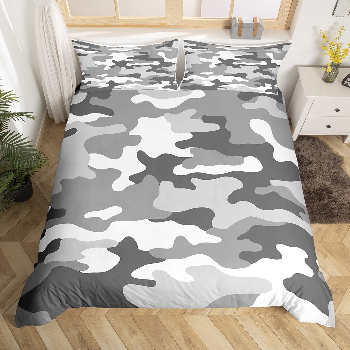 Manfei Grey Camo Duvet Cover Set Single Size, Abstract Army Camouflage Bedding Set 2pcs for Kids Boys Teens Room Decor, Camouflage Theme Comforter Cover Soft Polyester Quilt Cover with 1 Pillowcase — image 1