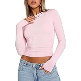 Women's Slim Fit Going Out Crop Tops Casual Solid Color Crew Neck Long Sleeve Tight Tee Shirt Basic Streetwear