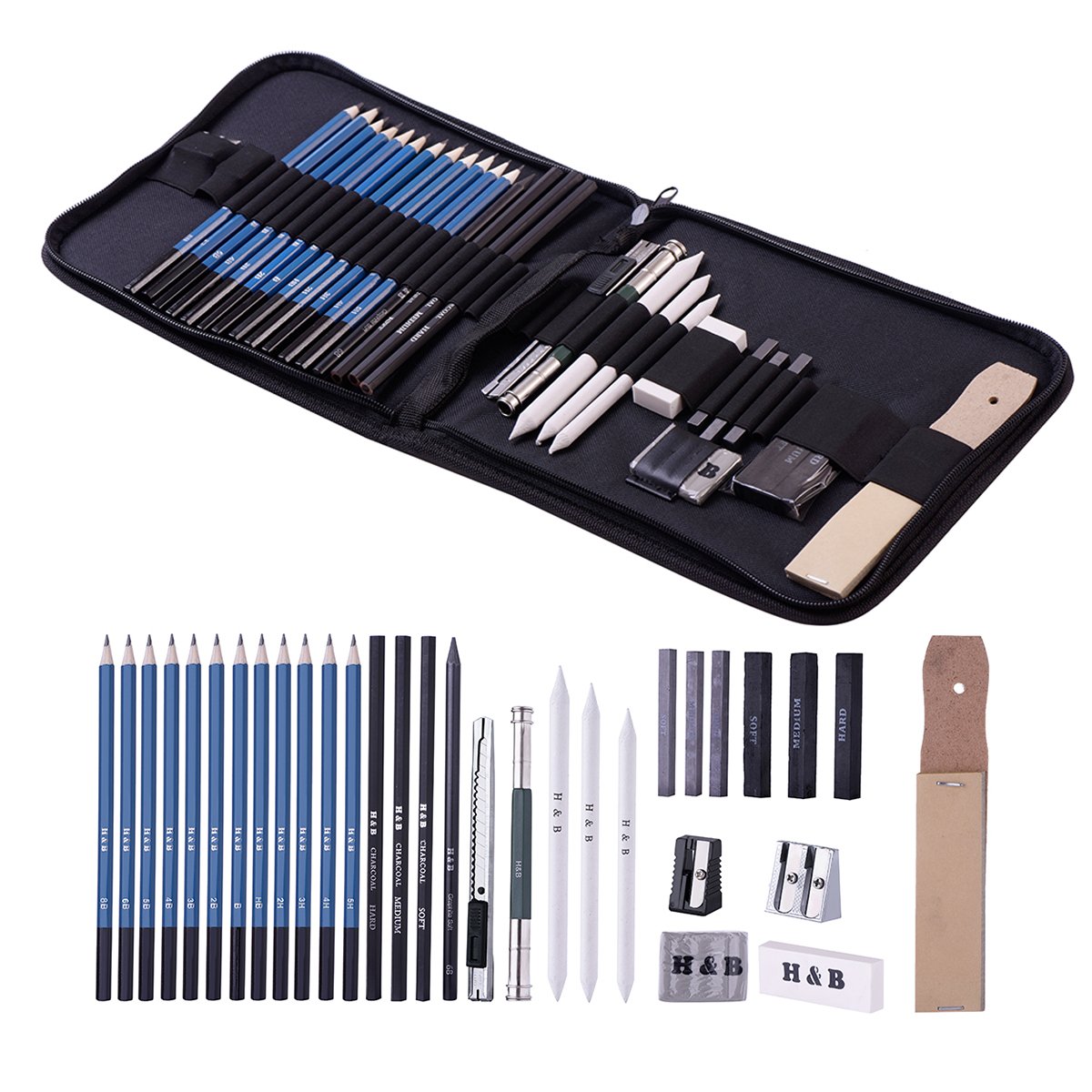 H&B Sketching Pencils Set Drawing and Sketch Kit 32-Piece Set with Pencils, Erasers, Graphite Stick, Sandpaper Block, Pencil Sharpener