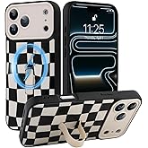 SOKAD Magnetic Checkered Case for iPhone 17 Pro Max with Finger Strap Kickstand, Compatible with Magsafe, Cute Checkerboard Designed for Women Men, Full Camera Protection Cover, Black & White