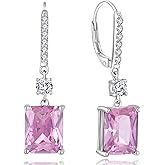 YL Princess Emerald Cut Dangle Earrings for Women, Solid 925 Sterling Silver 18K White Gold Plated Square Birthstone Halo Leverback Jewelry Gifts