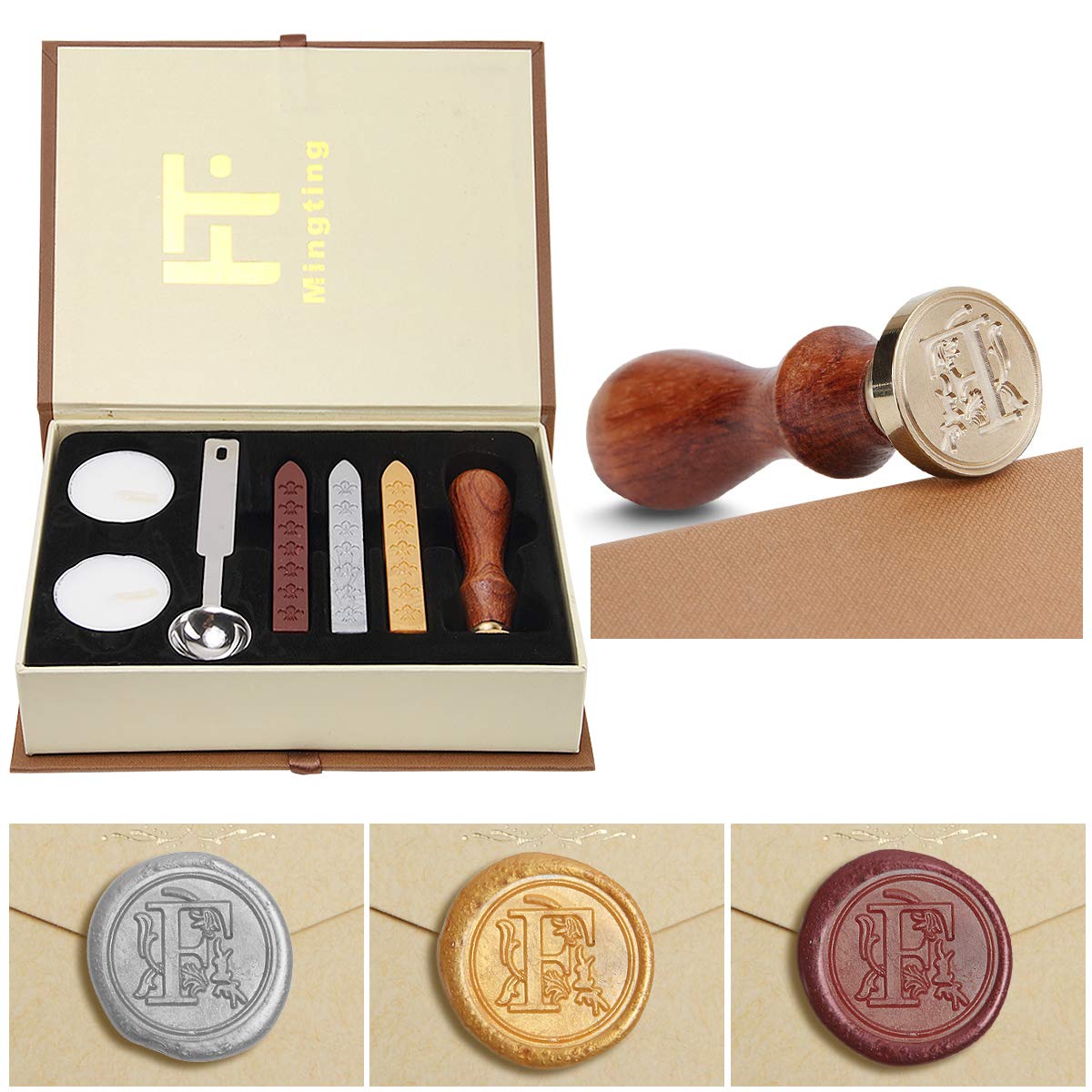 Wax Seal Stamp Kit, PUQU Classical Old-Fashioned Antique Wax Stamp Seal Kit Initial Letters Alphabet Set Gift Box with Vintage Wooden Handle and Brass Color Head (F)