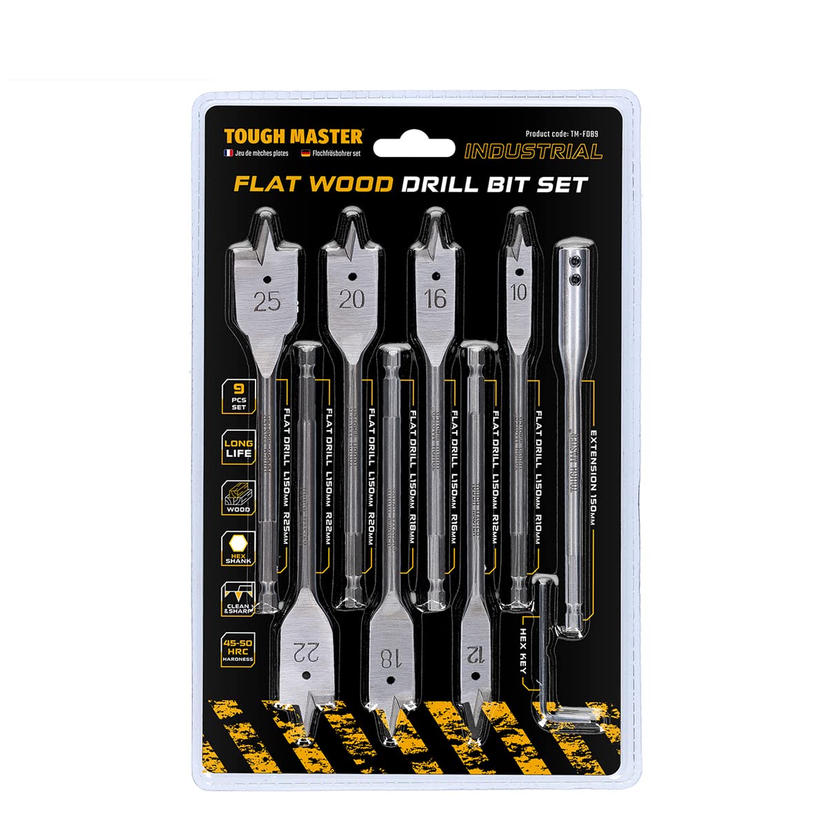 TOUGH MASTER Spade Drill Bits Set, ¼ Inch Quick Change Hex Shank, 10mm, 12mm,16mm, 18mm, 20mm, 25mm Flat Wood Drill Bits (9-Piece Set)