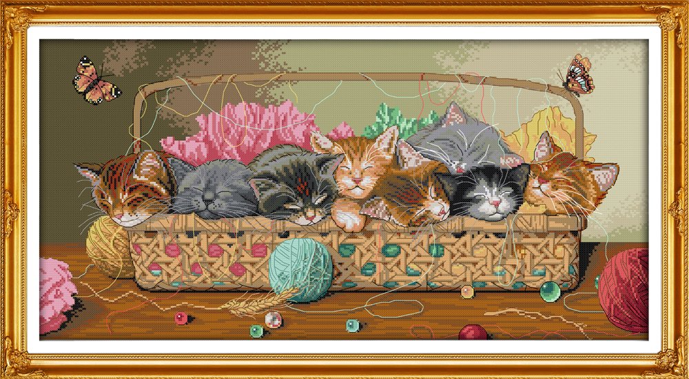 CaptainCrafts Stamped Cross Stitch Kits Pre Printed Fabrics Cross Stitch Embroidery Kit Needlework Crafts Newborn Eight Kittens in The Basket (Stamped)