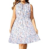 Pinup Fashion Plus Size Summer Tie Crewneck Short Dresses Sleeveless Boho Casual Chiffon Ruffle Flowy Sundress