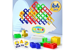 GOUAUX 64 Pcs Tetra Tower Balance Stacking Blocks Game, Stack Attack Game for Family Parties Travel, Team Tower Game for Kids & Adults, 3D Shape Tetris Tower Game Swing Stack Tower Balance Toy