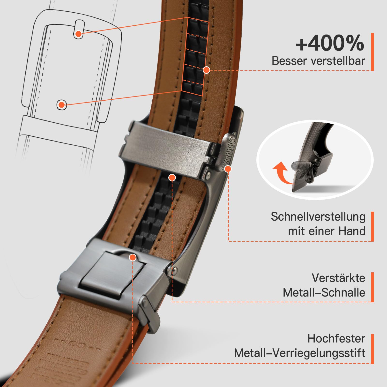 TANGCHAO Gürtel Herren,Ledergürtel Ratsche Automatikschließe für Herren Business Anzug Jeans, 35mm Gürtel,Größe Einstellbar, Braun 24, Länge 115cm (28"-37" taille verstellbar) 2