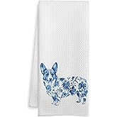 WOTYPU Blue and White Chinoiserie Corgi Kitchen Towels, Corgi Gifts for Women Mom Dish Tea Towels, Dog Lover Gifts Decorative Hand Towel for Bathroom, 16x24 Inch