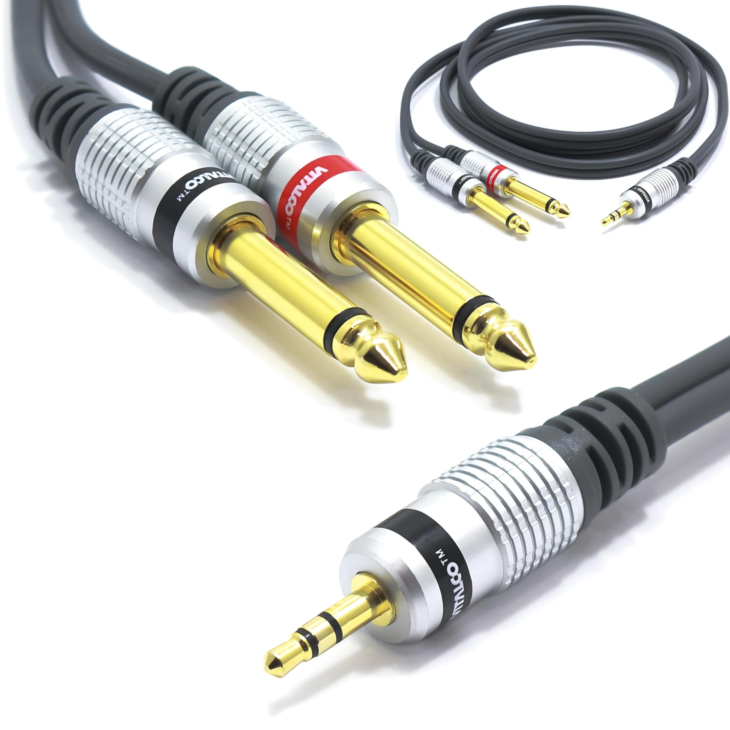 VITALCO 3.5mm to 6.35mm x2 Cable 1m Splitter Jack 1/8 Inch Stereo to Twin 1/4 Inch Mono Male to Male Plug Gold OFC