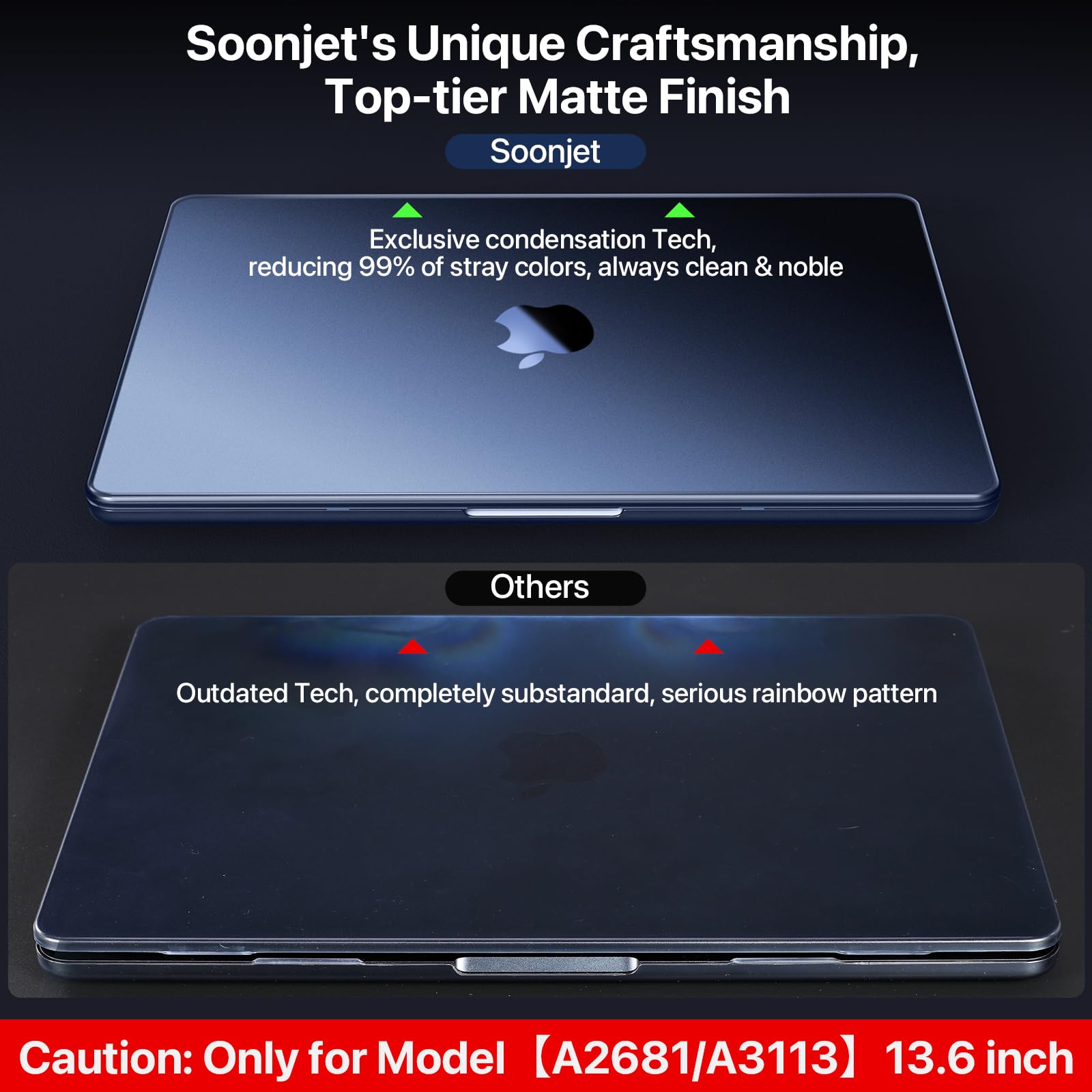 Soonjet Compatible for MacBook Air 13.6 inch Case M4 M3 M2 2025 2024-2022 Release Model A3240 A3113 A2681, Sturdy Protective Hard Shell Case Cover for MacBook Air M2 13 inch - Midnight Clear
