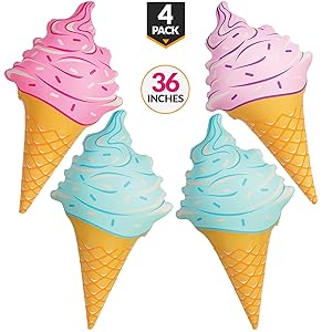 36 Inch Giant Inflatable Ice Cream Cones - Pack Of 4, Assorted Colors For Party Decoration, Beach & Pool Parties