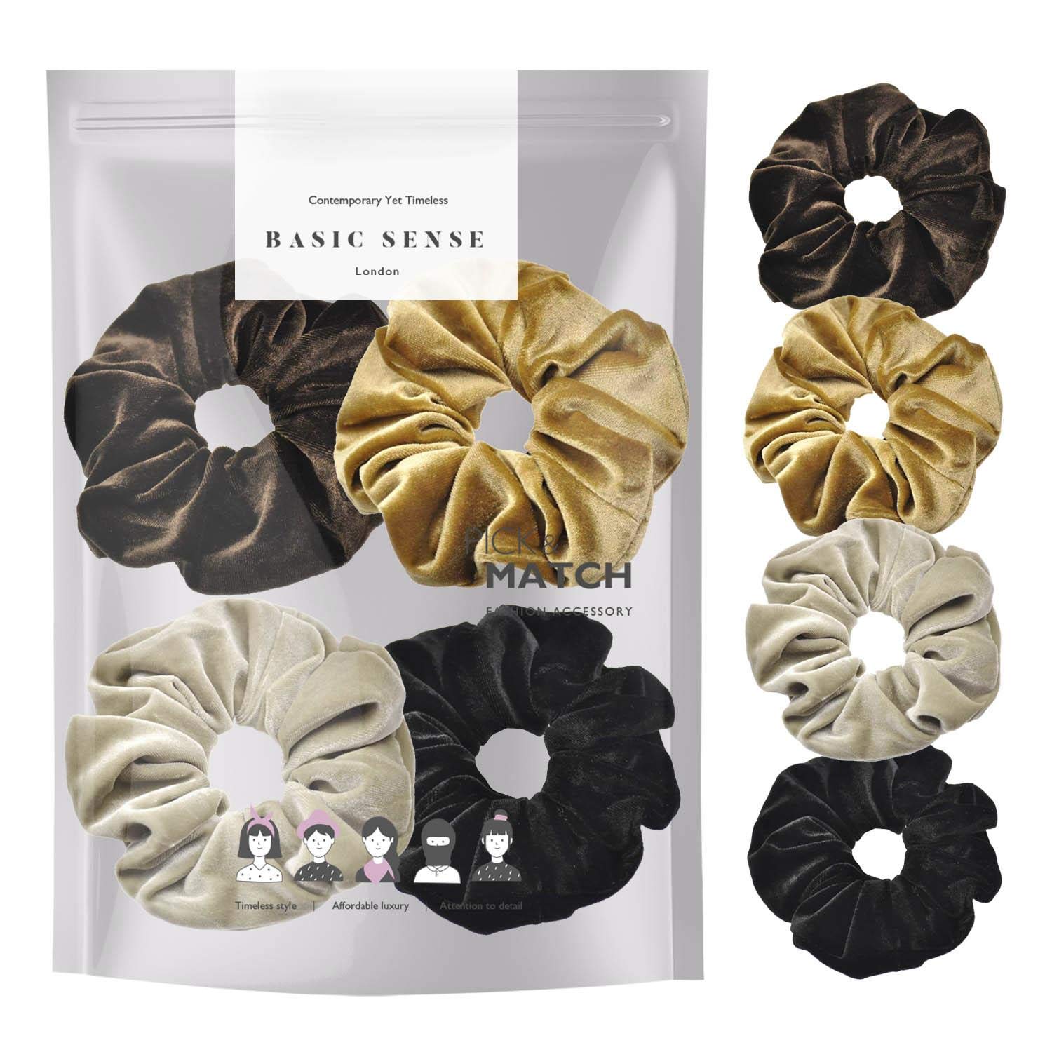 4 PCS SET Premium Large Hair Velvet Scrunchies Ties Bands Updo Ponytail Bobble Scrunchy Holder For Women Girl Kids, Brown Tone Combo Pack