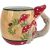 Blue Sky Clayworks Mushroom Mug, Ceramic Coffee Cup, 5.75" L x 4.25" W, Twig Handle & Ladybug Ring