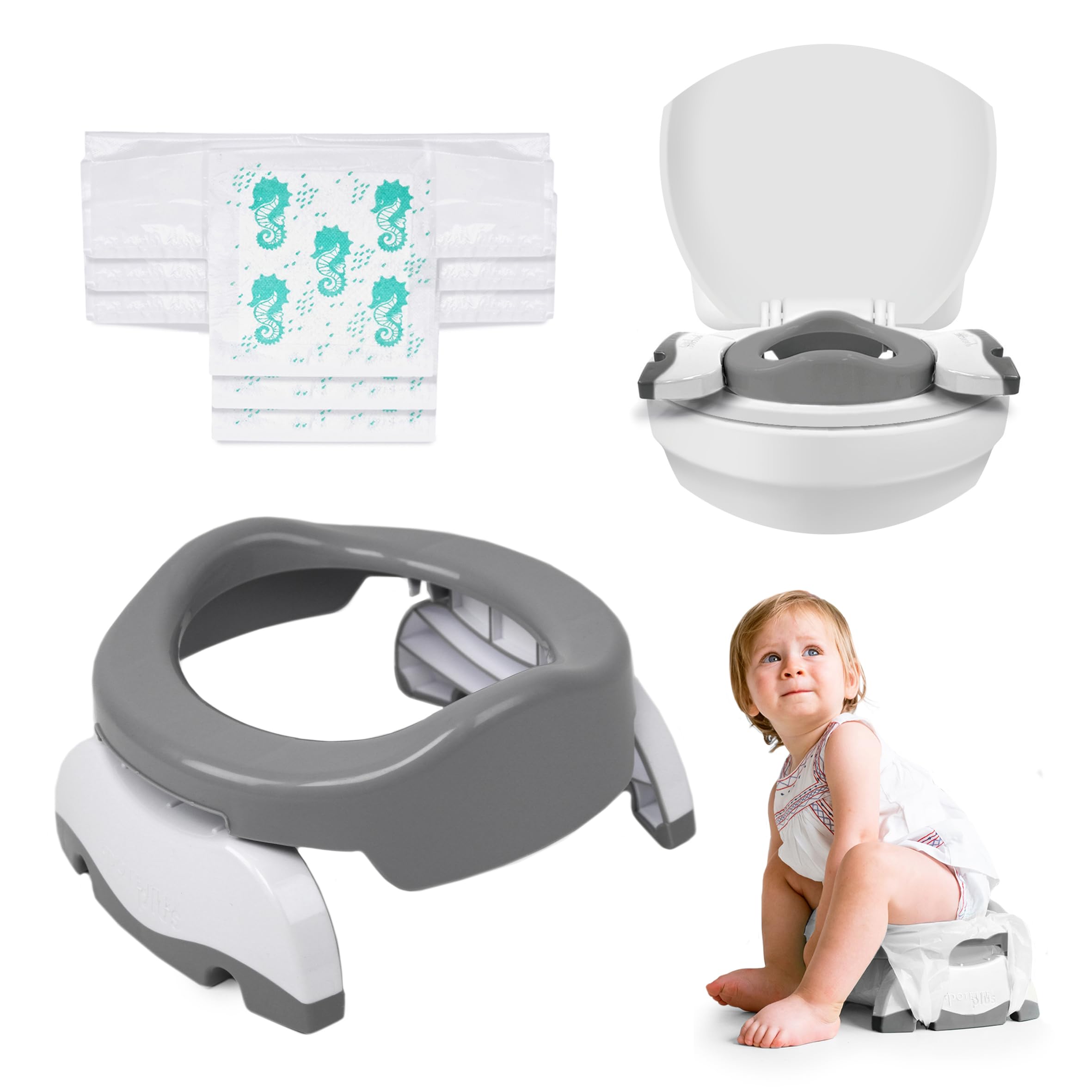 Potette Plus 2-in-1 Compact Universal Potty and Toilet Training Seat | Award-Winning Potty Training Essential for Toddlers | Grey/White