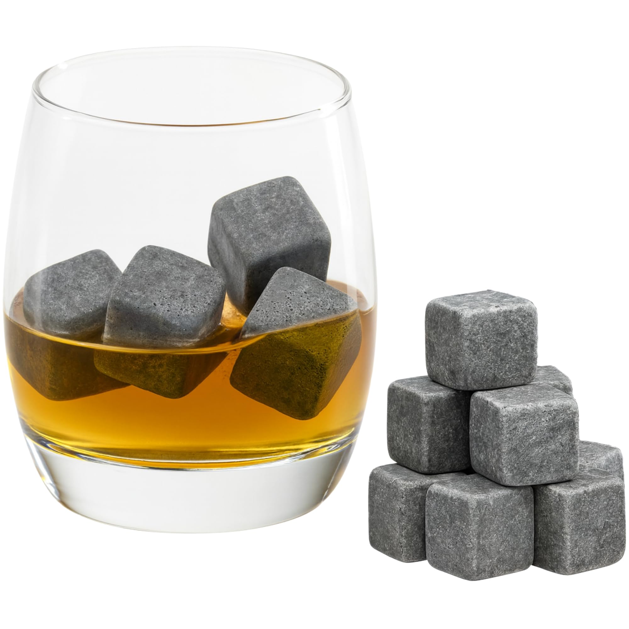 Grenhaven Pack of 9 Whisky Stones, Cooling Whiskey Cubes "On the Rocks" with Practical Fabric Bag, Ice Cubes for Drinks Made of Soapstone, grey