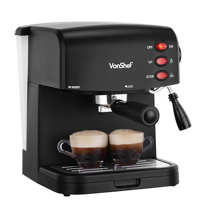 VonShef 15 Bar Espresso Coffee Machine Maker, Black 1.5L, Steam Control