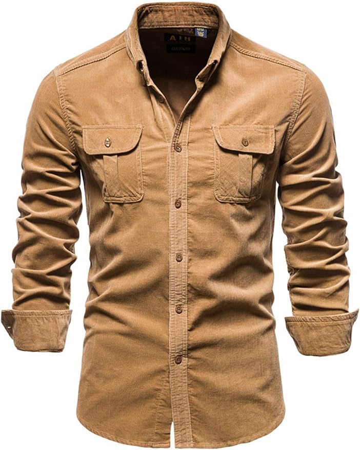 Sexy Dance Mens Corduroy Shirt Long Sleeve Button Down Slim Fit Cotton