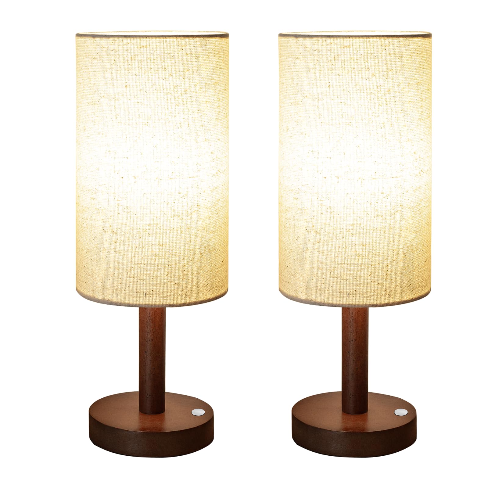 Photo 1 of LALISU Small Table Lamp Nightstand Lamp Linen Lampshade Bedroom Wood Base Small Bedside Lamp for Night Stands, Desk Lamps for Reading Living Room, Office (LED Bulb Included) (Walnut Wood Cordless(2))