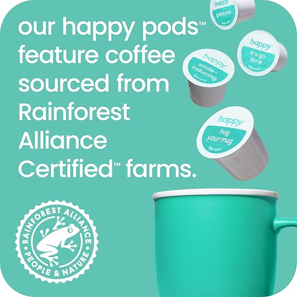 HAPPY COFFEE LIGHT ROAST COFFEE PODS, 10 COUNT, NOTES OF TOASTED BISCOTTI AND LEVITY, COMPATIBLE WITH MOST K-CUP BREWERS, RAINFOREST ALLIANCE CERTIFIED