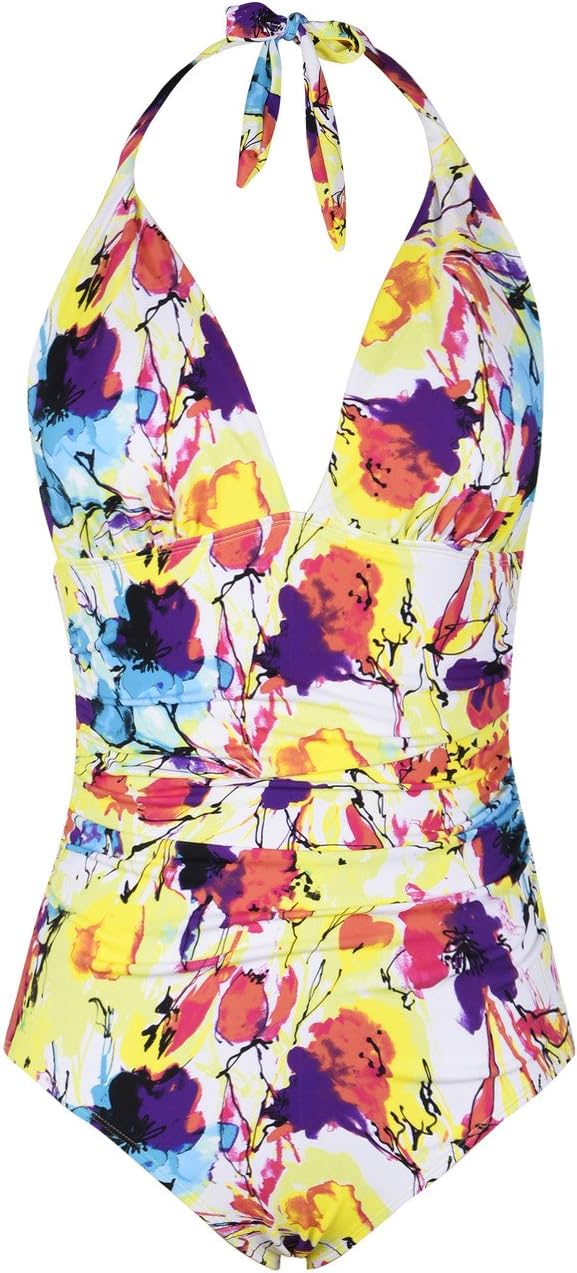 Hilor Women's Plunge Deep V Neck One Piece Swimsuit Halter Bikinis Monokinis Shirred Details