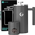 Coffee Gator French Press Coffee Maker- Insulated, Stainless Steel Manual Coffee Makers For Home, Camping w/ Travel Canister-
