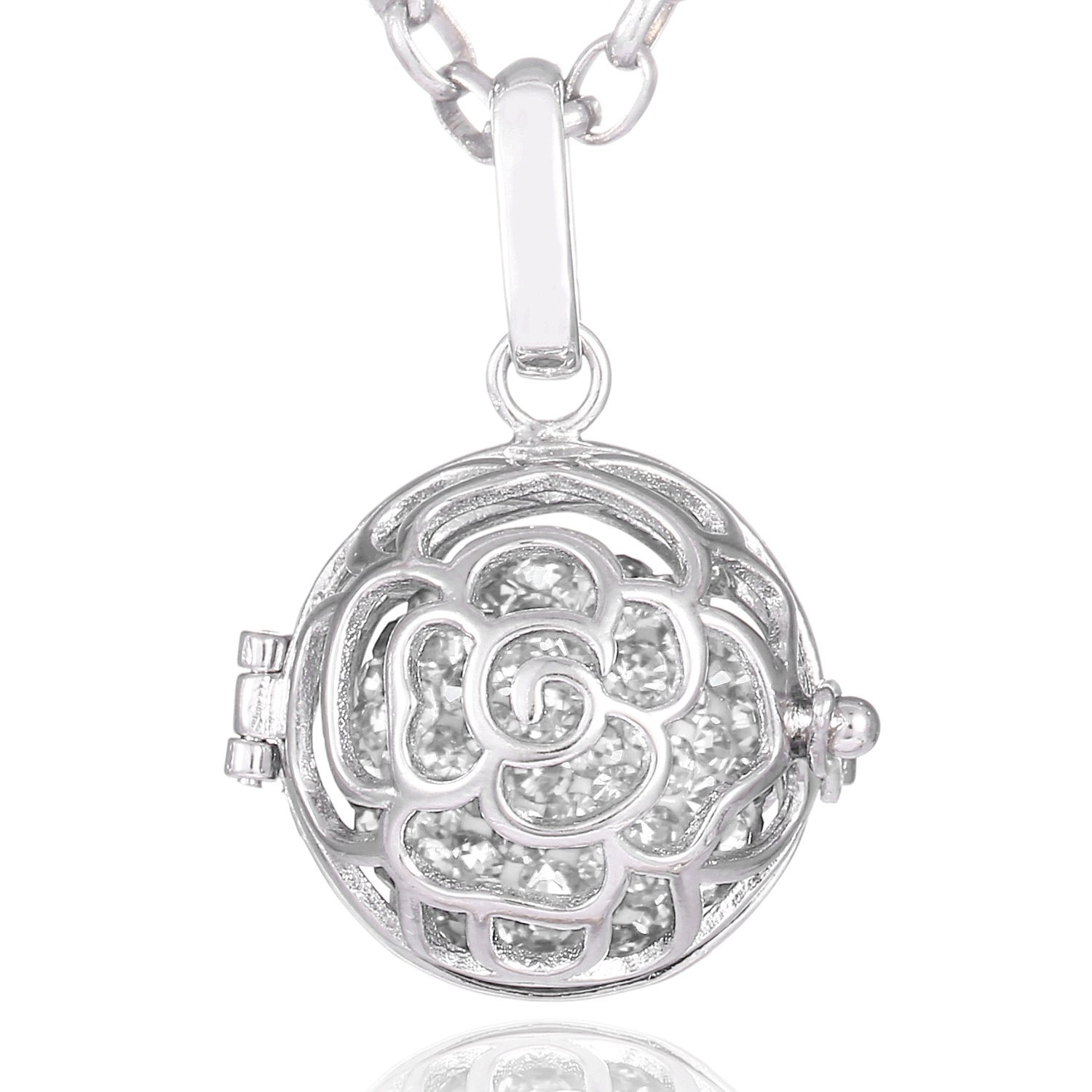 Morella Women Necklace Stainless Steel 70 cm 27,5" with Rose Flower Pendant with Sound Ball Zirconia White Ø 16 mm 0,63" in a Velvet Jewelry Bag