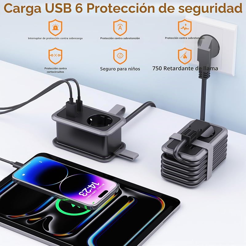 Regleta Portátil de Viaje, 1 Toma, 1 USB‑A y 2 USB‑C con Cable Enrollable — foto 4 de 7